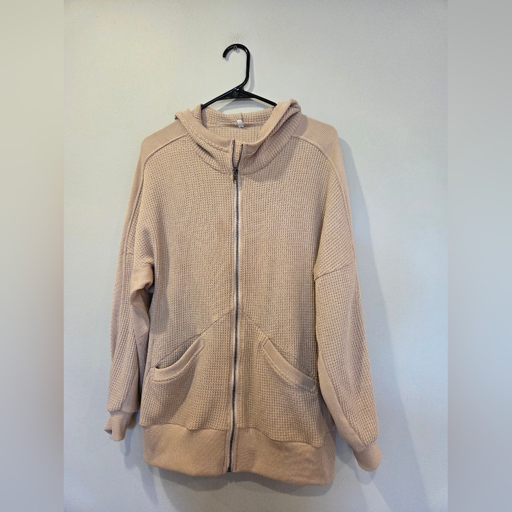 Beige Waffle Knit Zip-Up Hoodie